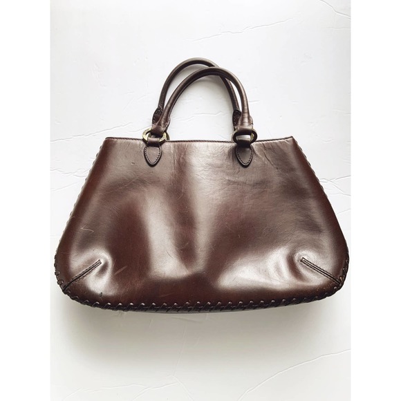 Vtg DKNY Handbag Purse Brown Tooled Deer Leather Stitches Zip Top Double Handles - Picture 4 of 8